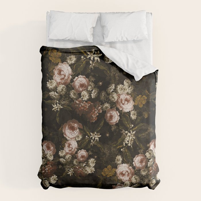 Antique Botanical Roses And Chamomile Midnight Sepia Garden Duvet Cover Gallery Image 6