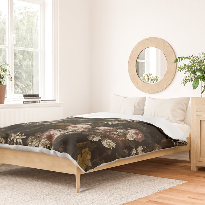 Antique Botanical Roses And Chamomile Midnight Sepia Garden Duvet Cover Gallery Image 2