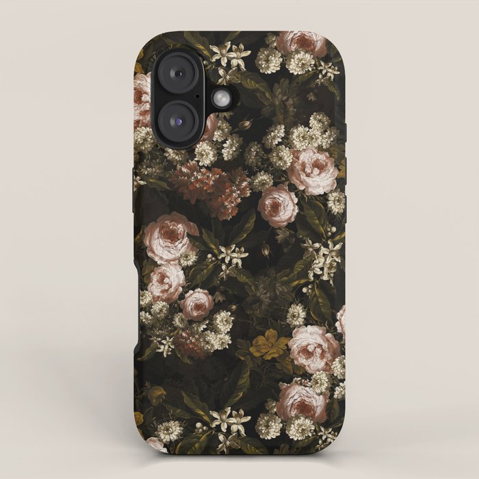 Antique Botanical Roses And Chamomile Midnight Sepia Garden iPhone Case Gallery Image 1
