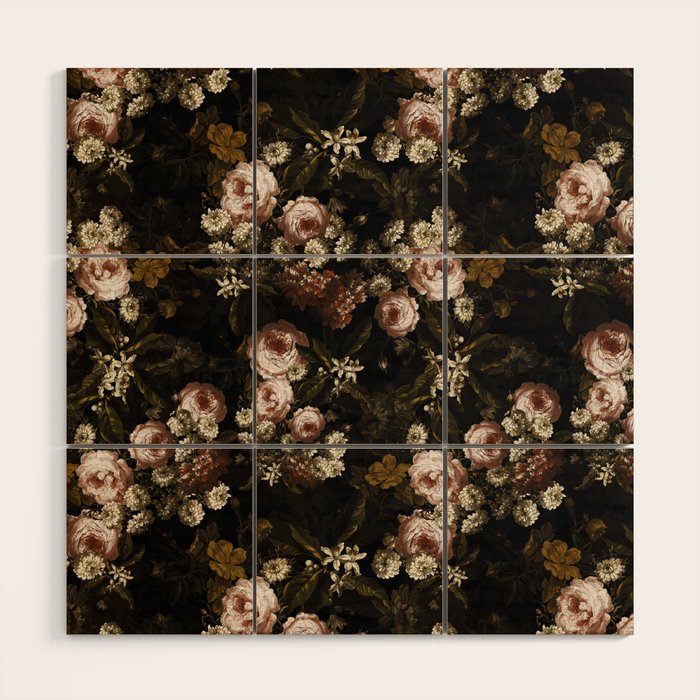 Antique Botanical Roses And Chamomile Midnight Sepia Garden Wood Wall Art Gallery Image 1