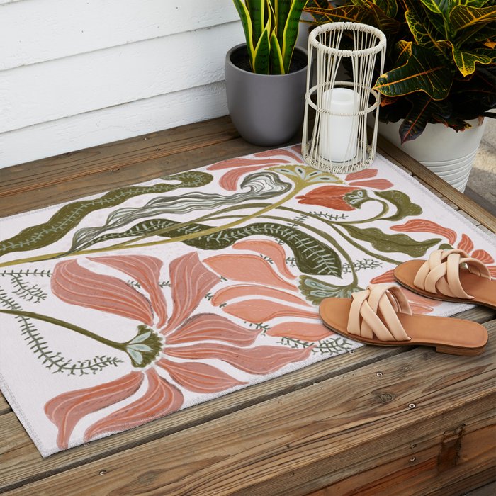 Modern Chalk still life with flowers and fern Outdoor Rug Gallery Image 2