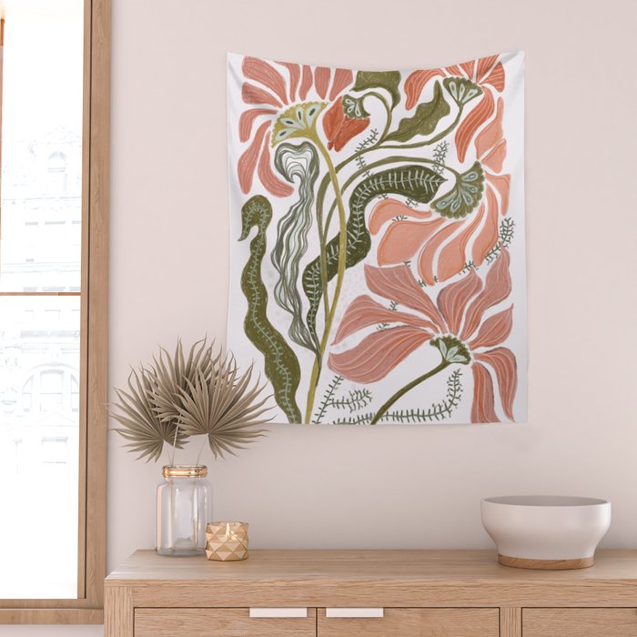 Modern Chalk still life with flowers and fern Wall Tapestry Gallery Image 2