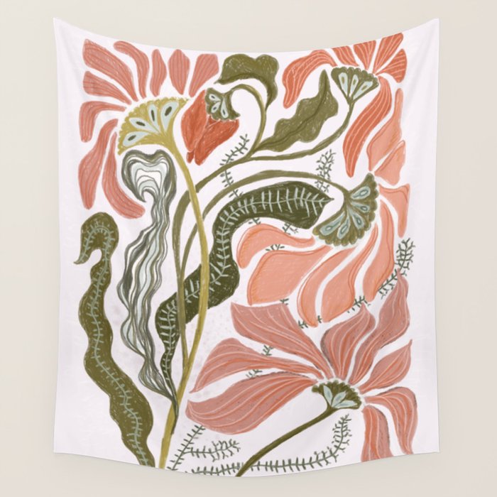 Modern Chalk still life with flowers and fern Wall Tapestry Gallery Image 4
