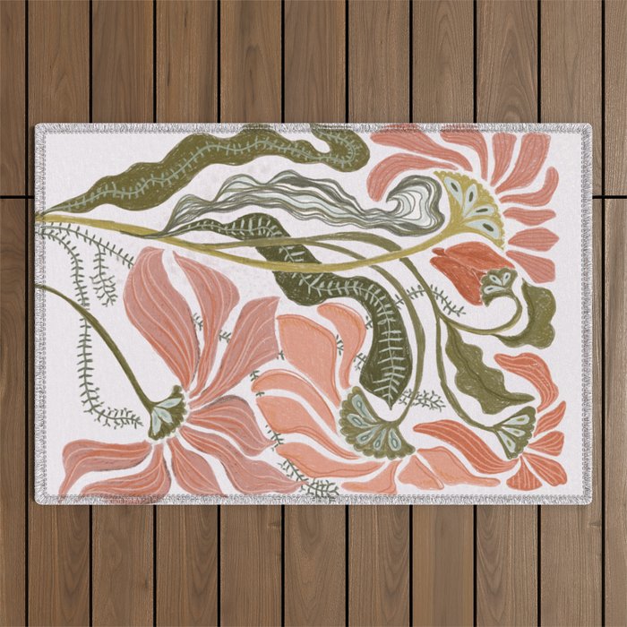 Modern Chalk still life with flowers and fern Outdoor Rug Gallery Image 1