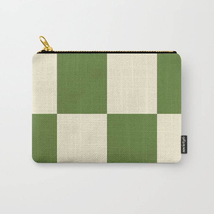 Broad Block Stripes Minimal Checkered Pattern in Retro Green and Cream Carry All Pouch Gallery Image 1