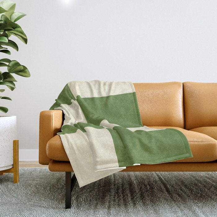 Broad Block Stripes Minimal Checkered Pattern in Retro Green and Cream Throw Blanket Gallery Image 1