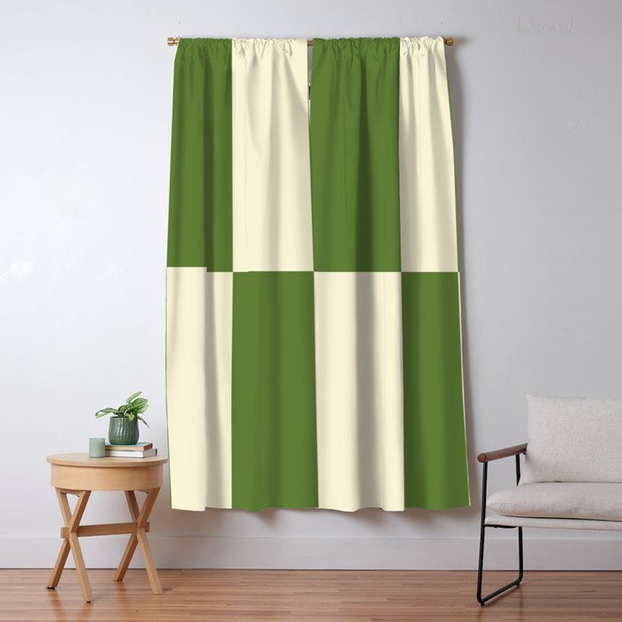 Broad Block Stripes Minimal Checkered Pattern in Retro Green and Cream Window Curtain Gallery Image 5