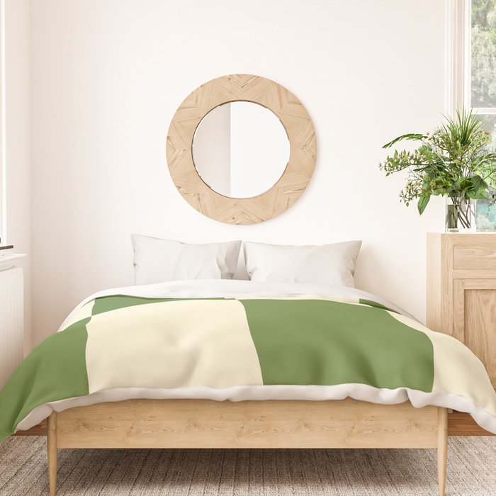 Broad Block Stripes Minimal Checkered Pattern in Retro Green and Cream Duvet Cover Gallery Image 3