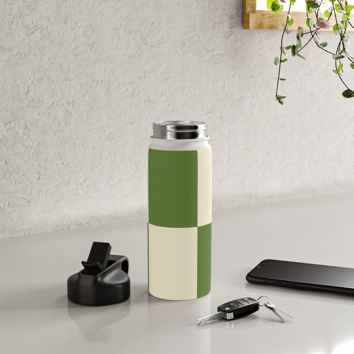 Broad Block Stripes Minimal Checkered Pattern in Retro Green and Cream Water Bottle Gallery Image 4
