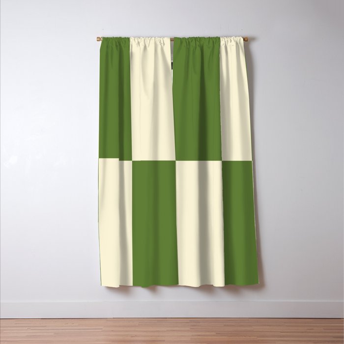 Broad Block Stripes Minimal Checkered Pattern in Retro Green and Cream Window Curtain Gallery Image 3