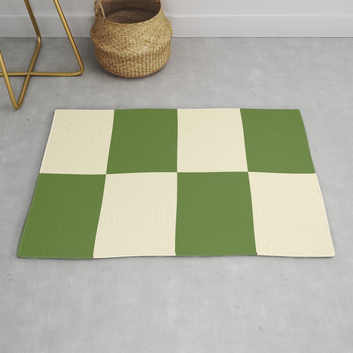 Broad Block Stripes Minimal Checkered Pattern in Retro Green and Cream Rug Gallery Image 1