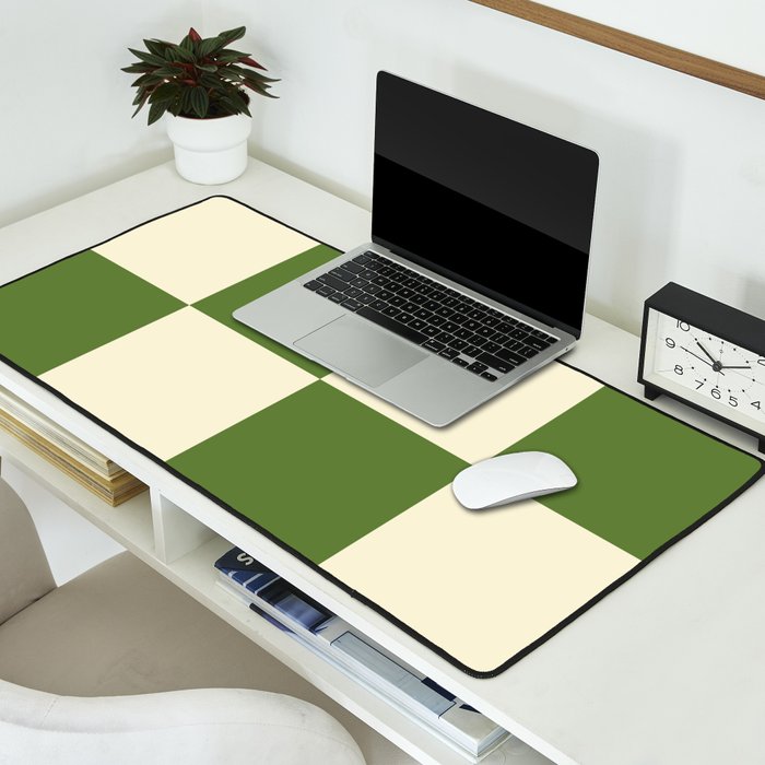 Broad Block Stripes Minimal Checkered Pattern in Retro Green and Cream Desk Mat Gallery Image 2
