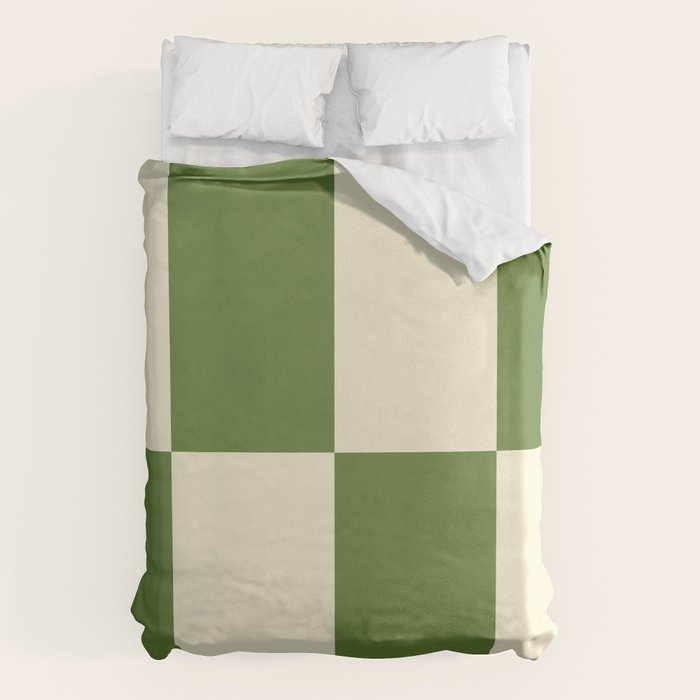 Broad Block Stripes Minimal Checkered Pattern in Retro Green and Cream Duvet Cover Gallery Image 1