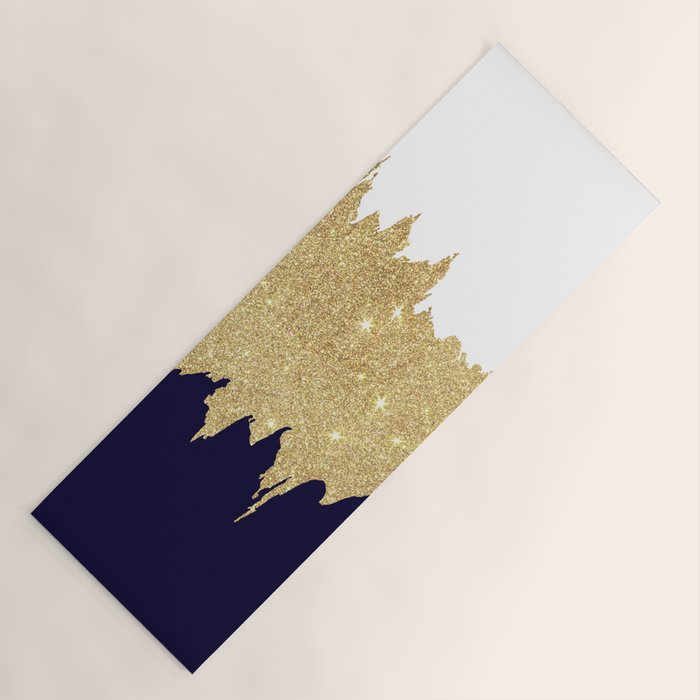 Modern navy blue white faux gold glitter brushstrokes Yoga Mat Gallery Image 1