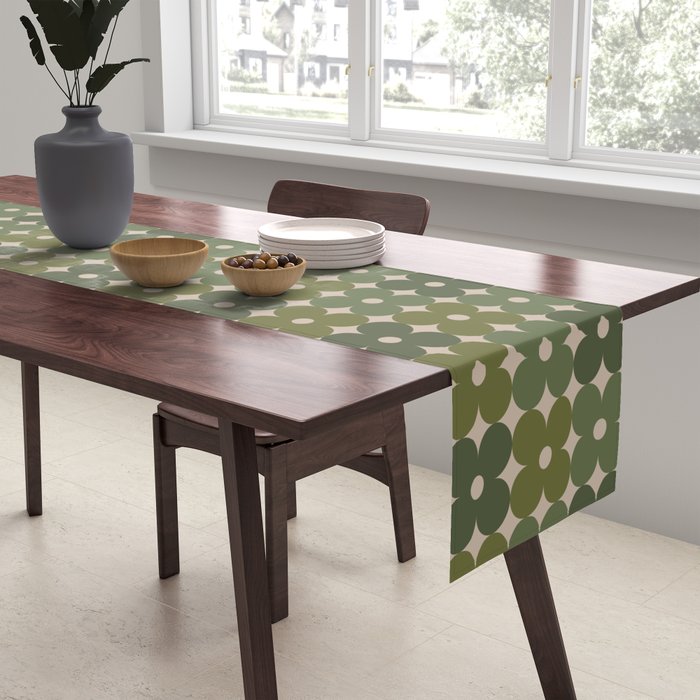 Retro Flower Geometric Pattern in Green Tones Table Runner Gallery Image 2