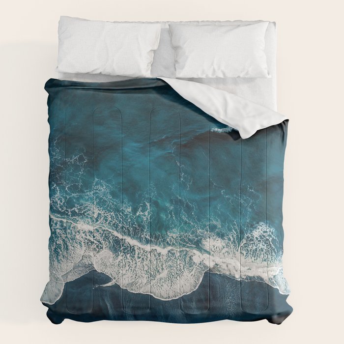 Wild Waves on a Black Beach in Iceland - Moody Aerial Photography Comforter Gallery Image 2