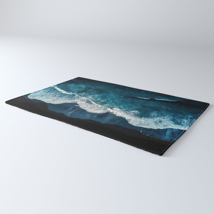 Wild Waves on a Black Beach in Iceland - Moody Aerial Photography Rug Gallery Image 3