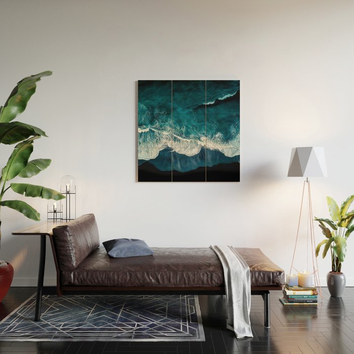 Wild Waves on a Black Beach in Iceland - Moody Aerial Photography Wood Wall Art Gallery Image 2