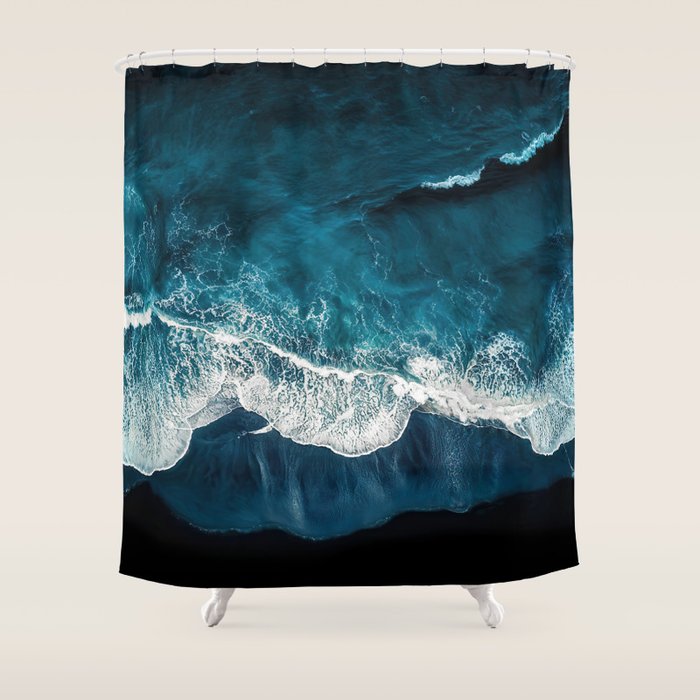 Wild Waves on a Black Beach in Iceland - Moody Aerial Photography Shower Curtain Gallery Image 1