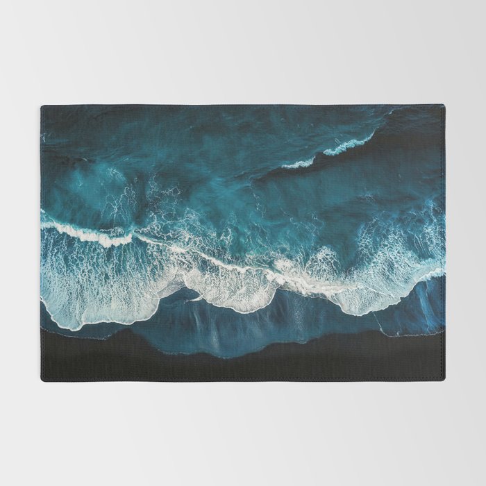 Wild Waves on a Black Beach in Iceland - Moody Aerial Photography Rug Gallery Image 2