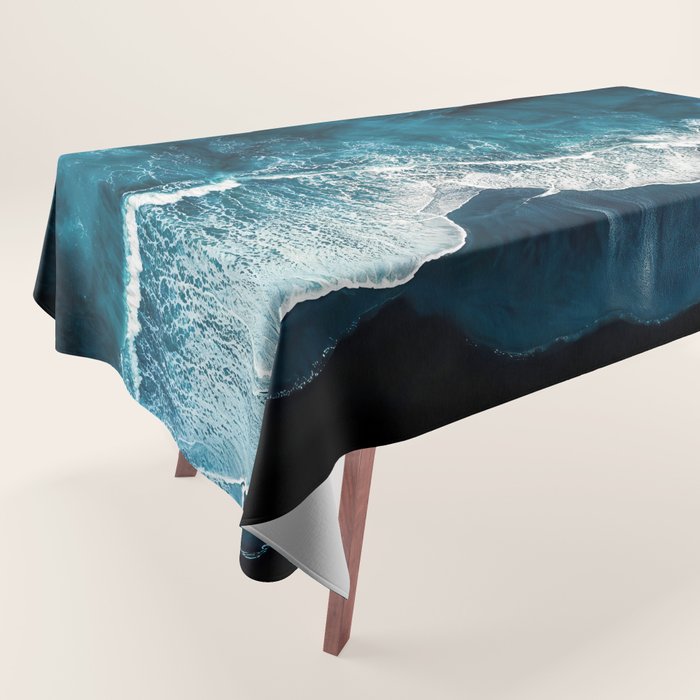 Wild Waves on a Black Beach in Iceland - Moody Aerial Photography Tablecloth Gallery Image 1