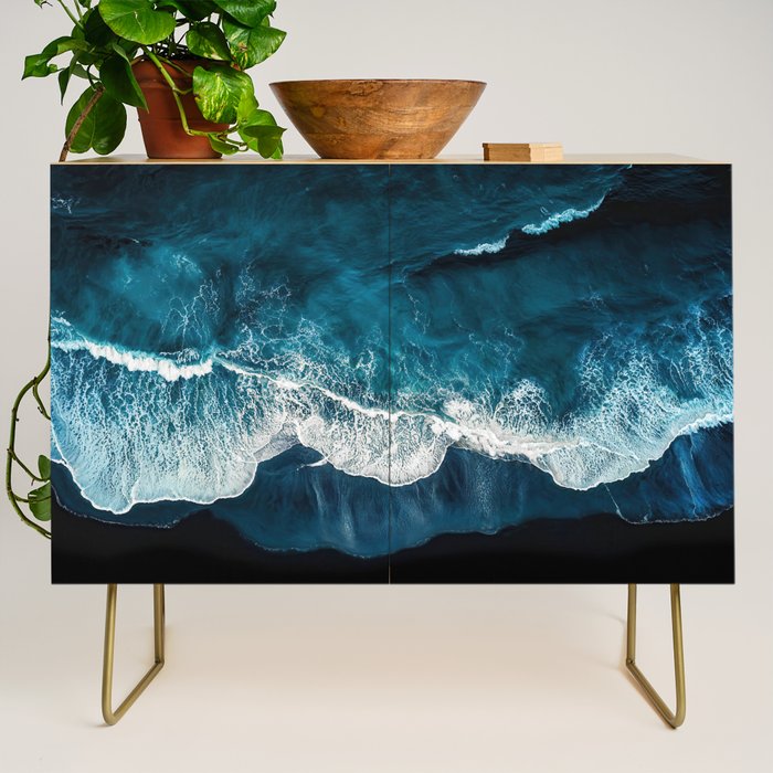 Wild Waves on a Black Beach in Iceland - Moody Aerial Photography Credenza Gallery Image 1