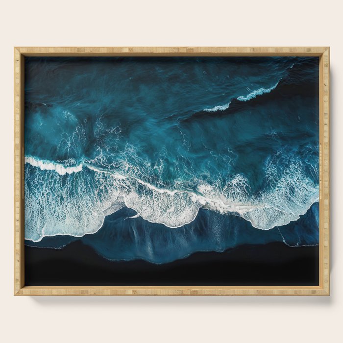 Wild Waves on a Black Beach in Iceland - Moody Aerial Photography Serving Tray Gallery Image 1
