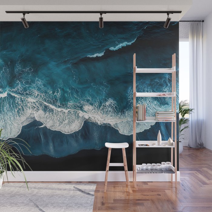 Wild Waves on a Black Beach in Iceland - Moody Aerial Photography Wall Mural Gallery Image 1