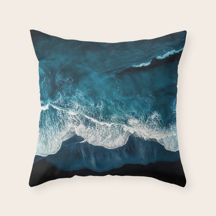Wild Waves on a Black Beach in Iceland - Moody Aerial Photography Throw Pillow Gallery Image 6