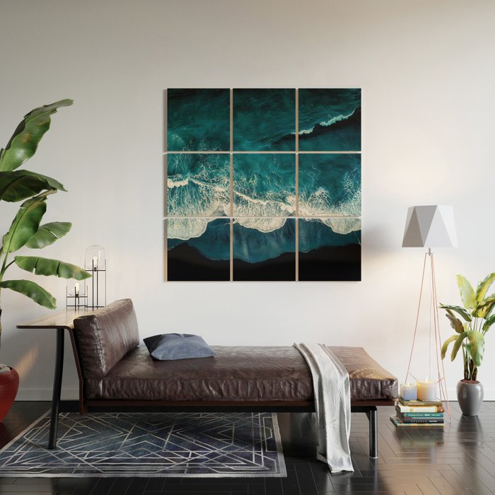 Wild Waves on a Black Beach in Iceland - Moody Aerial Photography Wood Wall Art Gallery Image 2