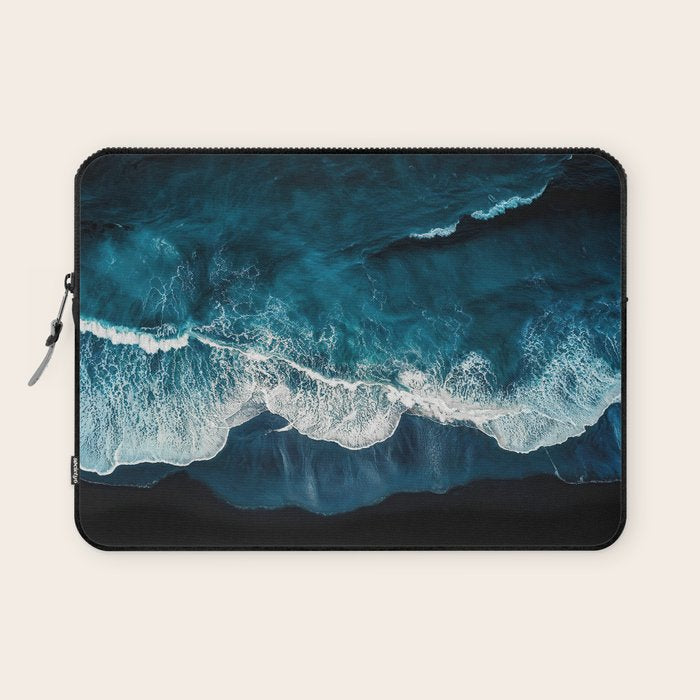 Wild Waves on a Black Beach in Iceland - Moody Aerial Photography Laptop Sleeve Gallery Image 1