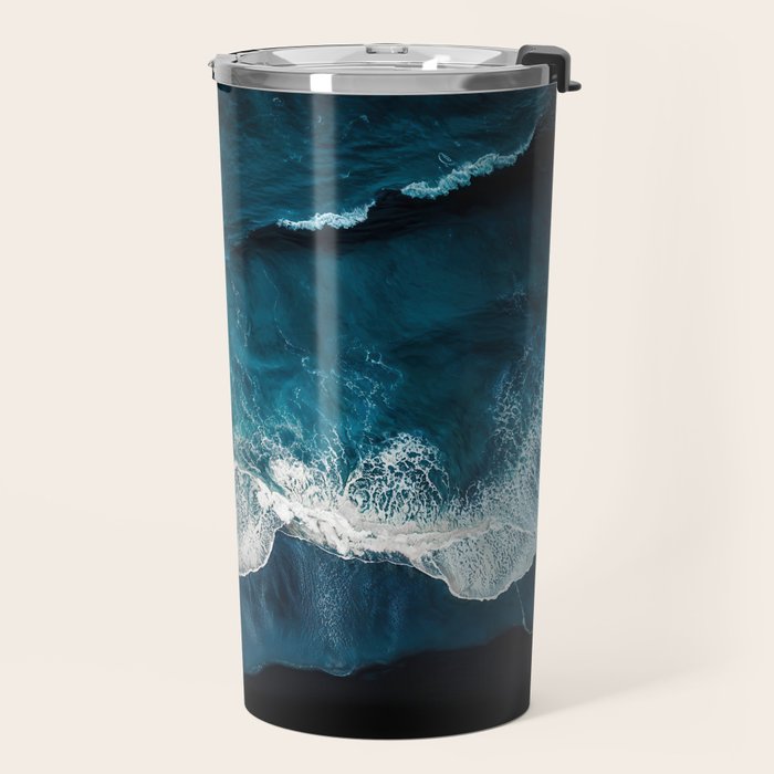 Wild Waves on a Black Beach in Iceland - Moody Aerial Photography Travel Mug Gallery Image 2
