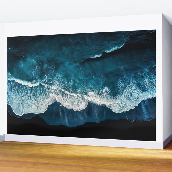 Wild Waves on a Black Beach in Iceland - Moody Aerial Photography Wall Mural Gallery Image 2