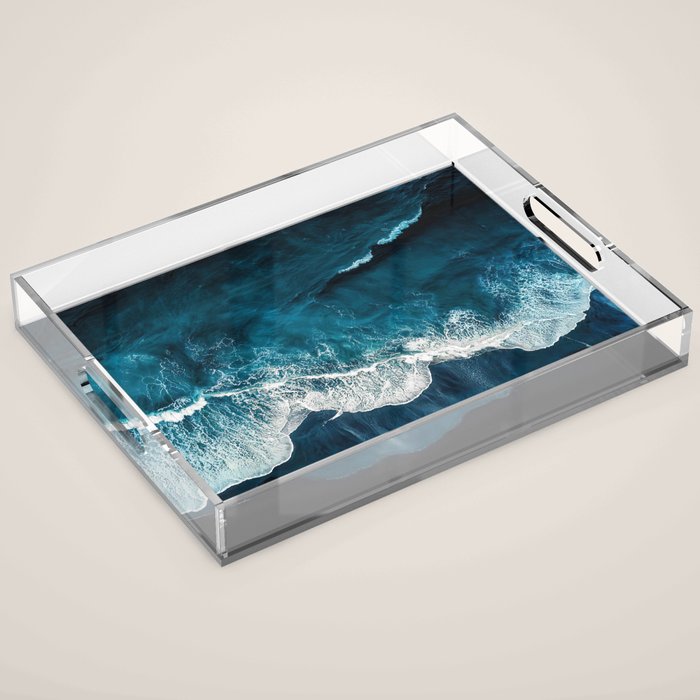 Wild Waves on a Black Beach in Iceland - Moody Aerial Photography Acrylic Tray Gallery Image 1