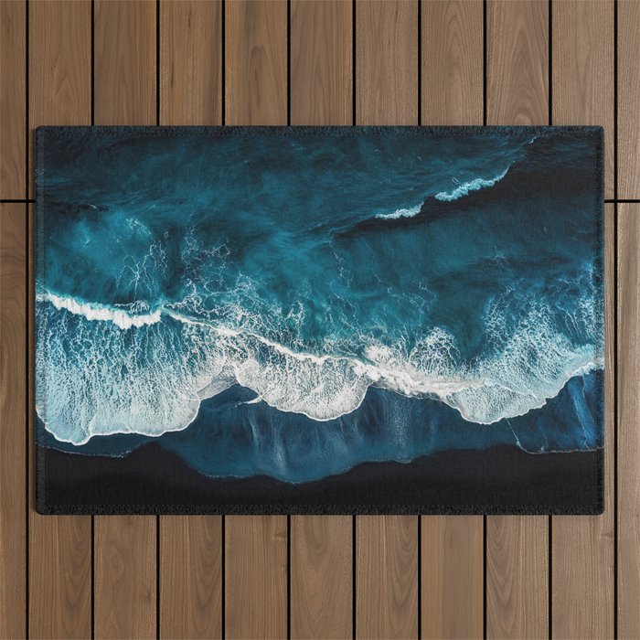 Wild Waves on a Black Beach in Iceland - Moody Aerial Photography Outdoor Rug Gallery Image 1