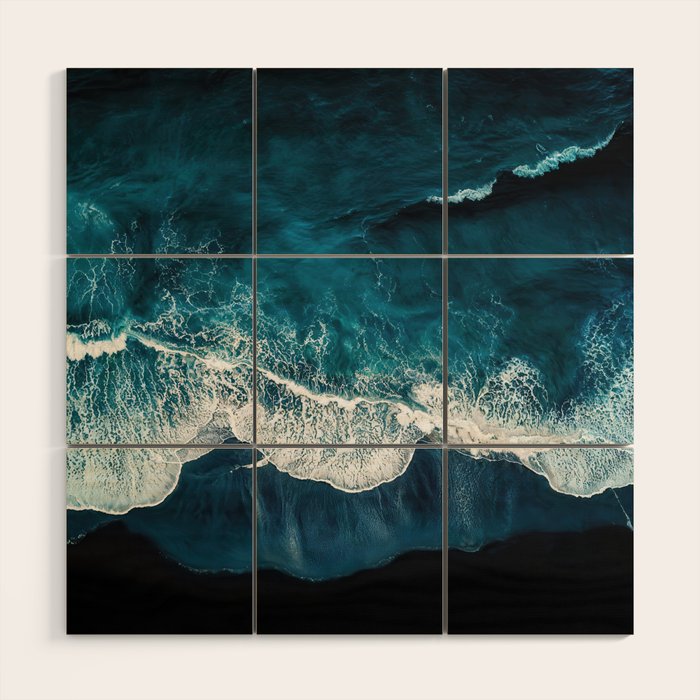 Wild Waves on a Black Beach in Iceland - Moody Aerial Photography Wood Wall Art Gallery Image 1