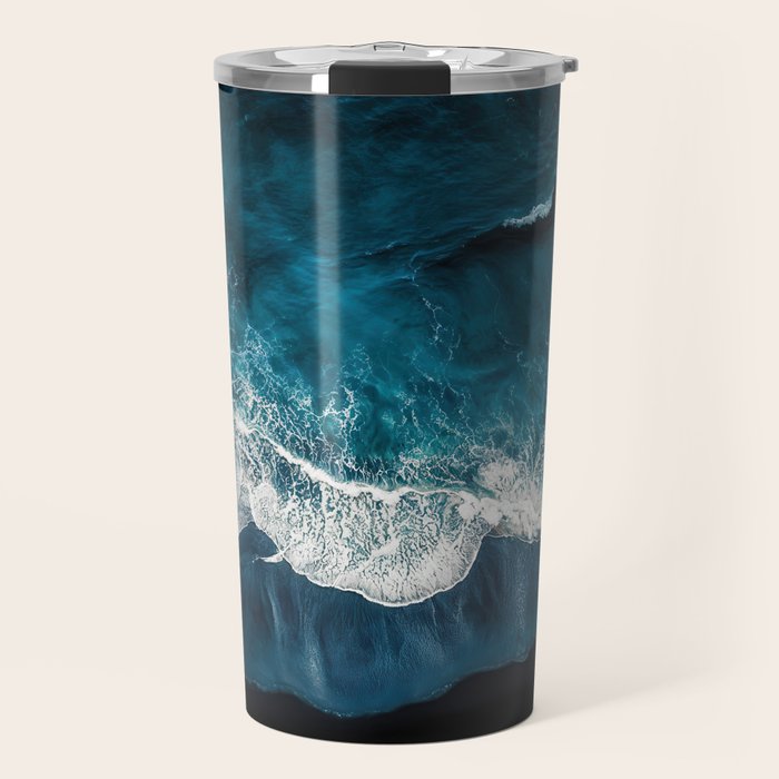 Wild Waves on a Black Beach in Iceland - Moody Aerial Photography Travel Mug Gallery Image 1