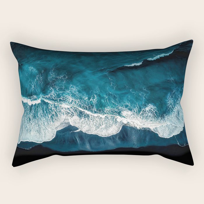 Wild Waves on a Black Beach in Iceland - Moody Aerial Photography Rectangular Pillow Gallery Image 1