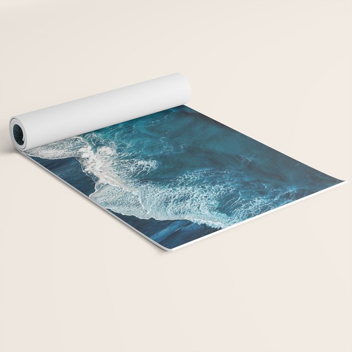 Wild Waves on a Black Beach in Iceland - Moody Aerial Photography Yoga Mat Gallery Image 2