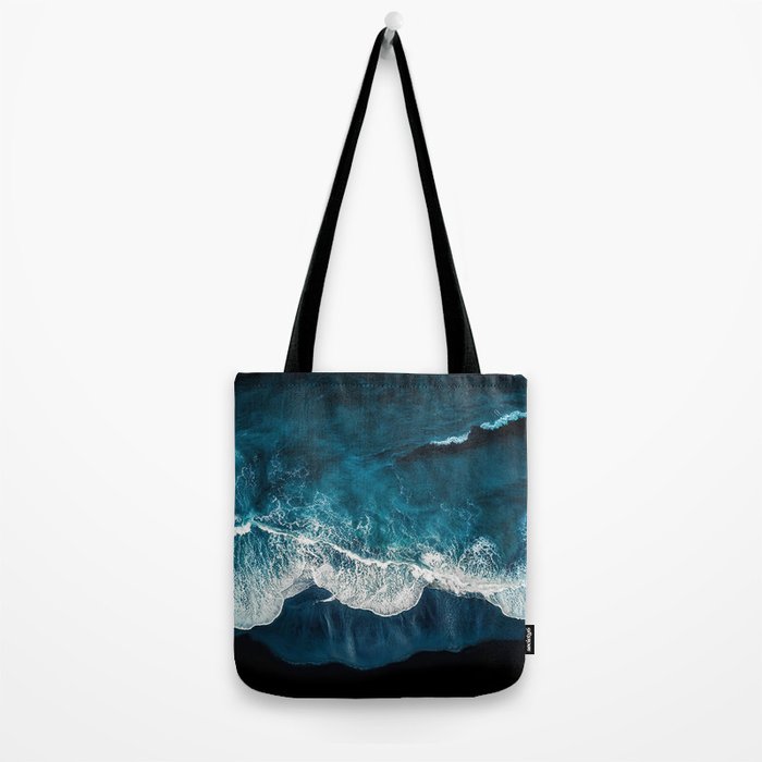 Wild Waves on a Black Beach in Iceland - Moody Aerial Photography Tote Bag Gallery Image 2