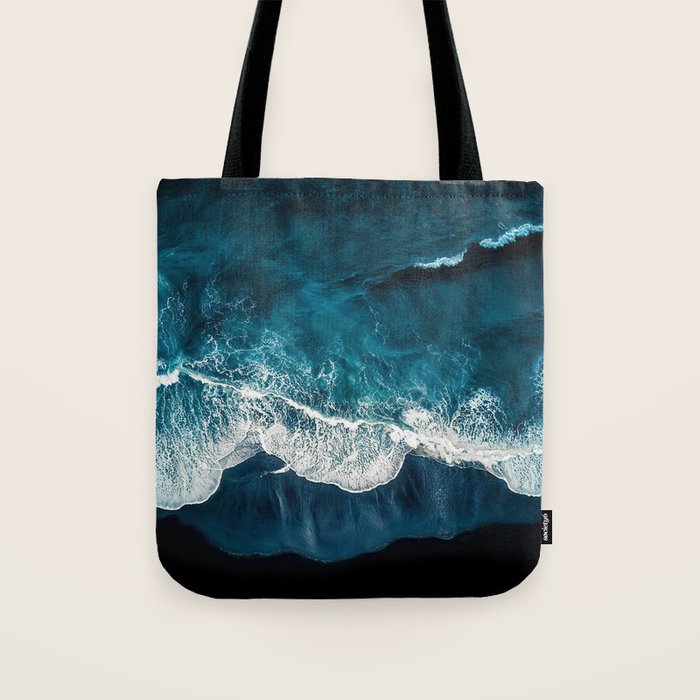 Wild Waves on a Black Beach in Iceland - Moody Aerial Photography Tote Bag Gallery Image 1