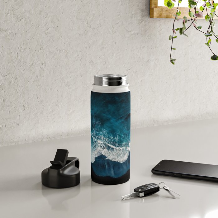Wild Waves on a Black Beach in Iceland - Moody Aerial Photography Water Bottle Gallery Image 4