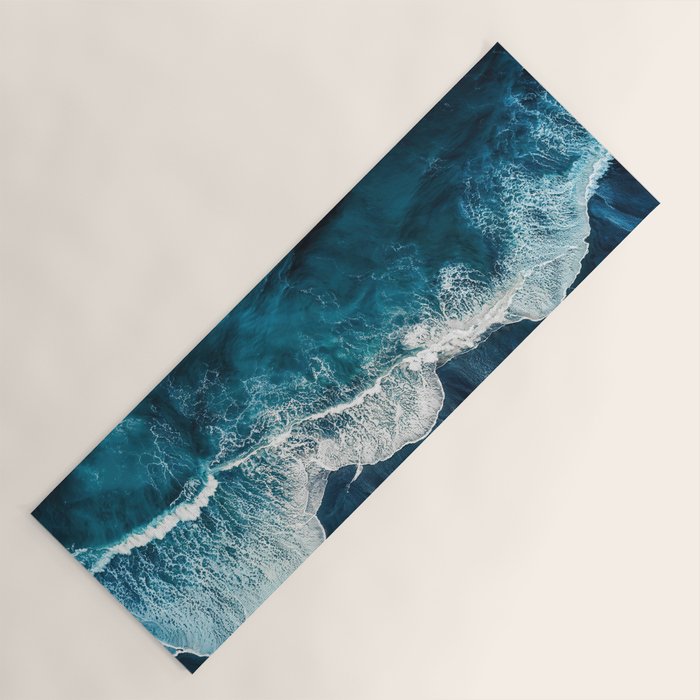 Wild Waves on a Black Beach in Iceland - Moody Aerial Photography Yoga Mat Gallery Image 1