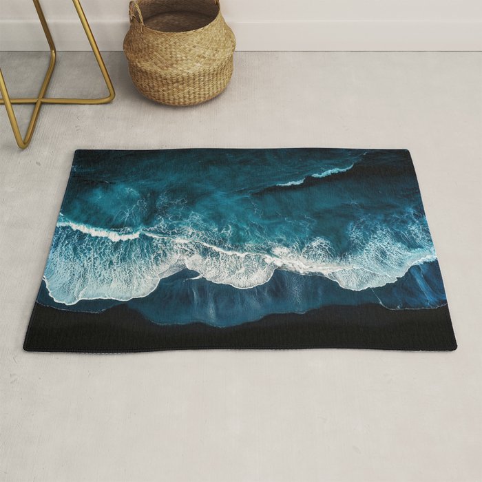 Wild Waves on a Black Beach in Iceland - Moody Aerial Photography Rug Gallery Image 1