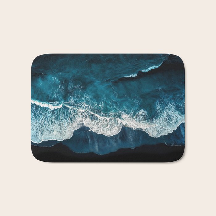 Wild Waves on a Black Beach in Iceland - Moody Aerial Photography Bath Mat Gallery Image 1