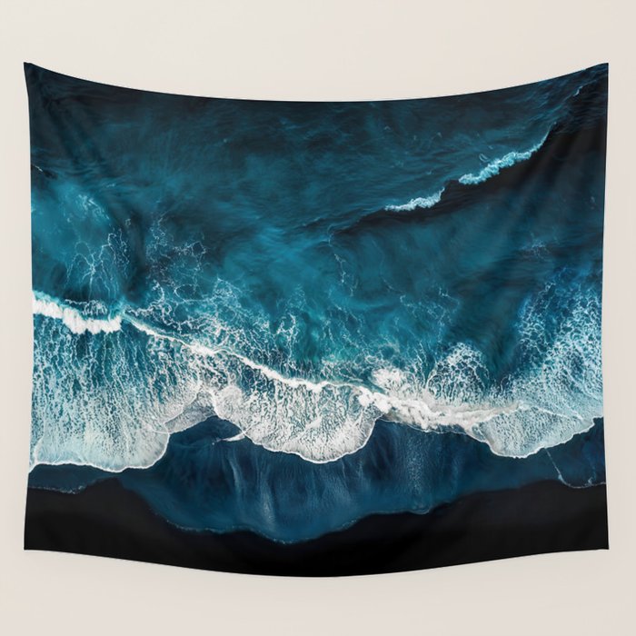 Wild Waves on a Black Beach in Iceland - Moody Aerial Photography Wall Tapestry Gallery Image 1