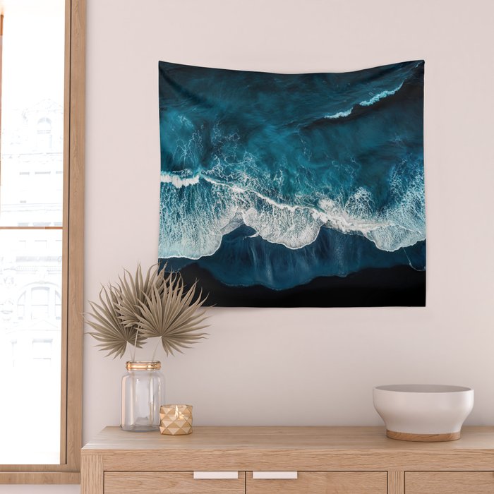 Wild Waves on a Black Beach in Iceland - Moody Aerial Photography Wall Tapestry Gallery Image 2