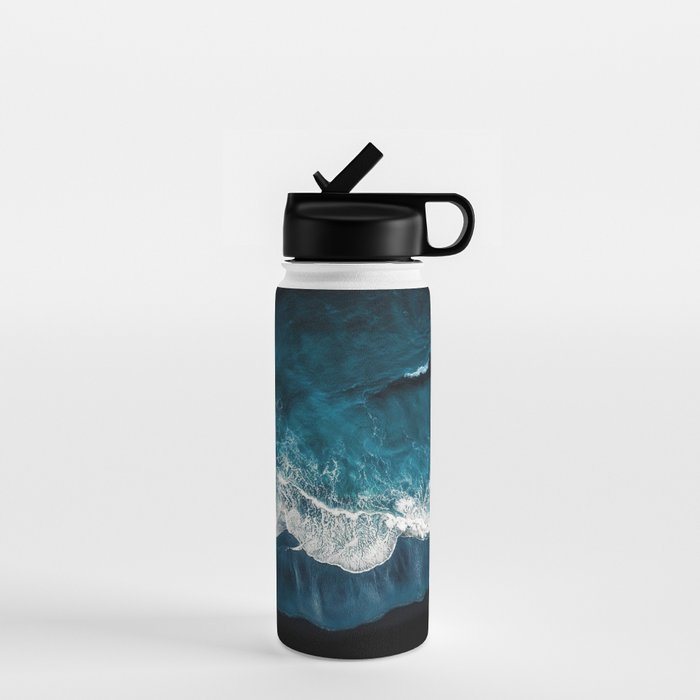 Wild Waves on a Black Beach in Iceland - Moody Aerial Photography Water Bottle Gallery Image 1