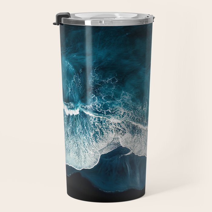Wild Waves on a Black Beach in Iceland - Moody Aerial Photography Travel Mug Gallery Image 3