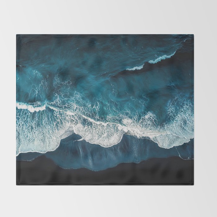 Wild Waves on a Black Beach in Iceland - Moody Aerial Photography Throw Blanket Gallery Image 2